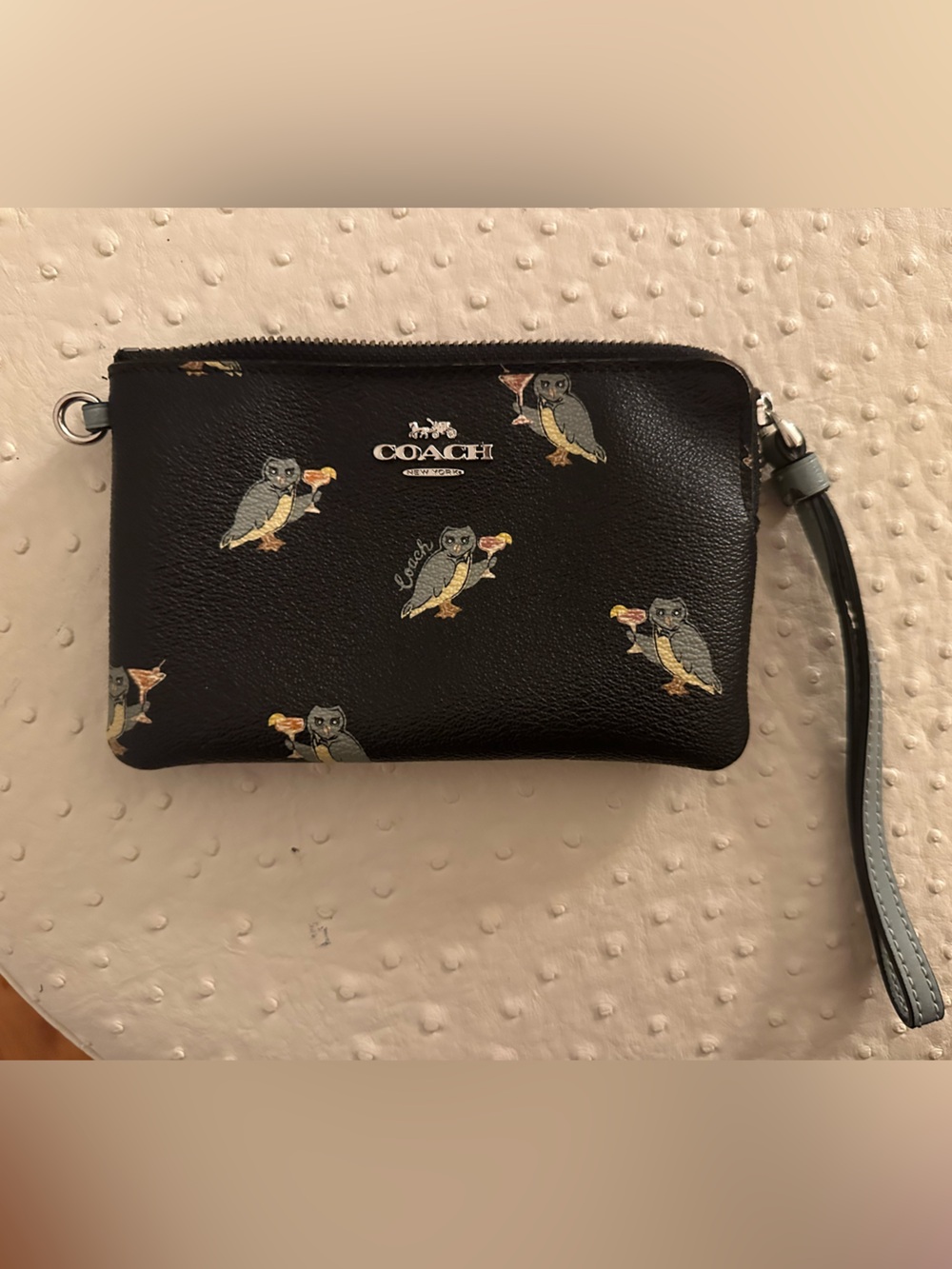 COACH Black Leather Wristlet with Party Owl Martini Print